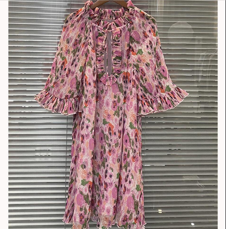 24 New Sweet Gan Pink Flower Print Ruffle Edge Fragmented Flower 3/4 Sleeve Loose fitting Dress