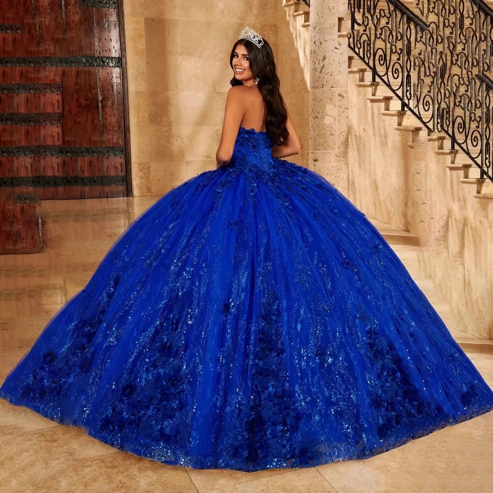 Royal Blue Quinceanera Dress 2024 Sequined Handmade 3D Flowers Sweet 16 Dress Ball Gown Lace Up vestidos de 15