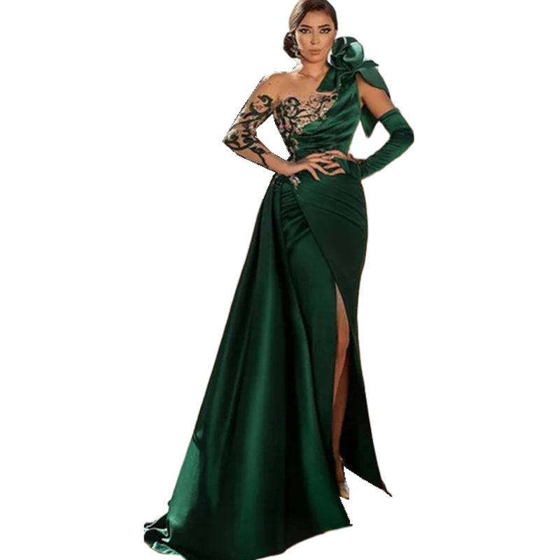 Elegant Arabic Dark Green Long Cloumn Evening Dresses Front Split Satin Sexy Prom Dress Lace Appliques Long Sleeve Chic Special Occasion Gown For Wome