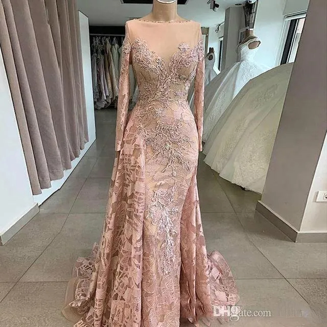 Dusty Pink Mermaid Prom Dresses Vintage Sleeve Lace Appliques Beads Long Evening Gowns Formal Ocn Vestidos BC
