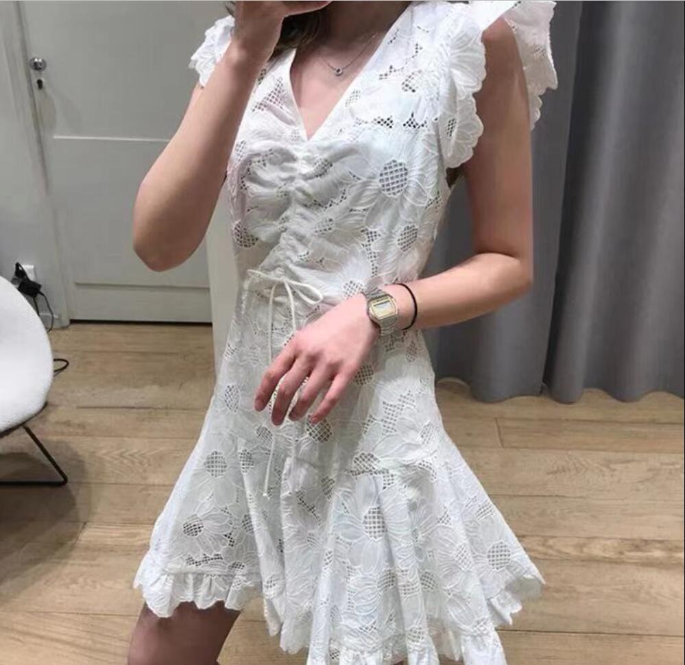 French dress 24 new sand/ro first love white lace temperament V-neck tie up slim fit waist slimming dress