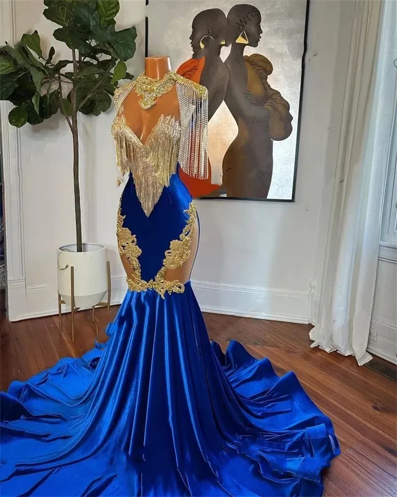 Sexy High Neck Long Prom Dress For Black Girls Tassel Royal Blue Appliques Backless Birthday Party Evening Gowns Robe De 0914