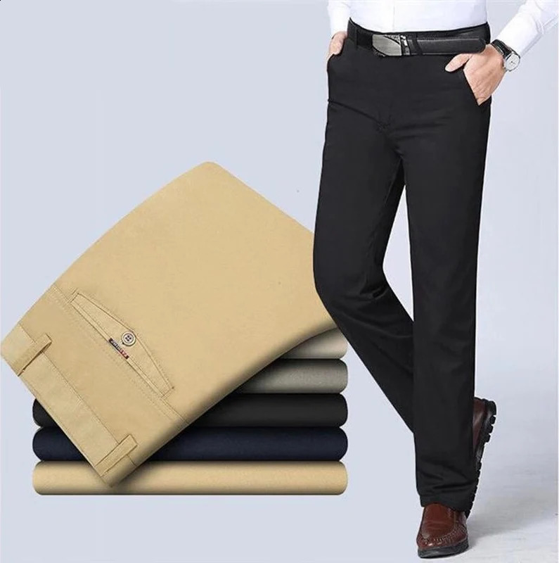 Mens Spring Summer Thin Suit Pants Middle-aged Cotton Slacks High Waist Straight Loose Solid Business Casual Father Dad Pants 240305