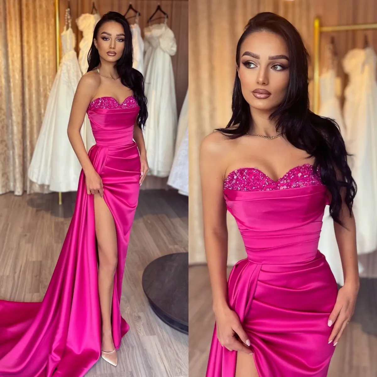 2024 Sexy Side Split Long Prom Dresses Sequin Crystal Beaded Sweetheart Neck Sleeveless Satin Simple Special Occasion Gowns Fuchsia Birthday Pageant E