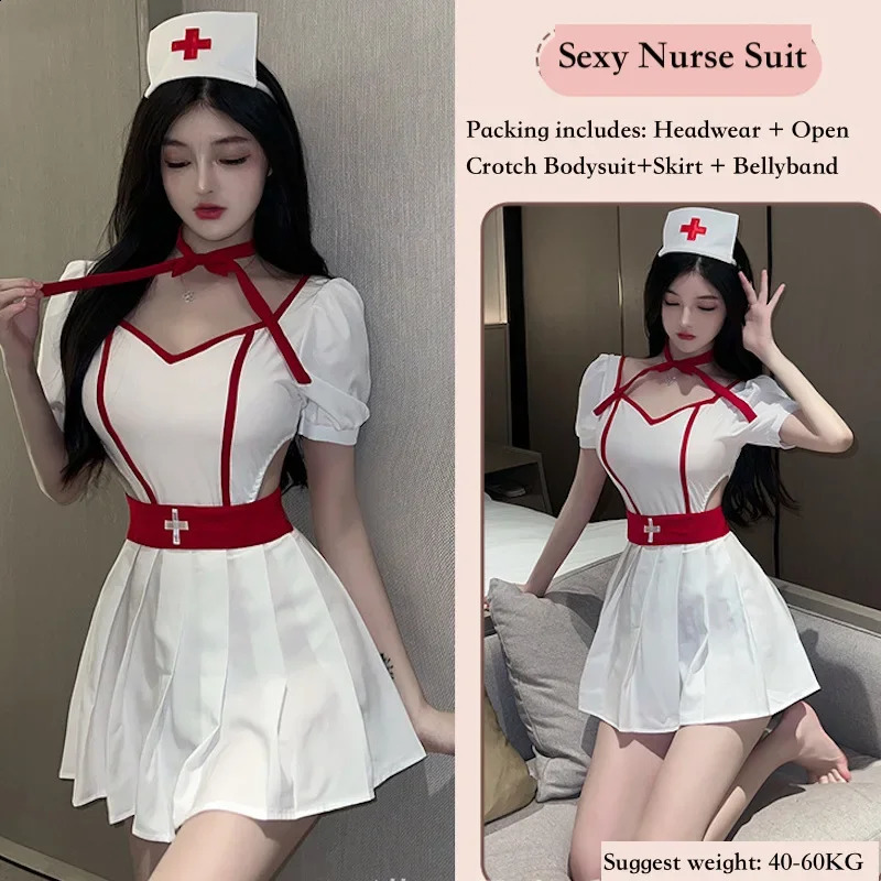 Sexy Nurse Uniform Open Crotch Cosplay Nurses Lingerie Porn Sleepwear Bodysuit Erotic Clothes Doctor Skirt Sex 240311