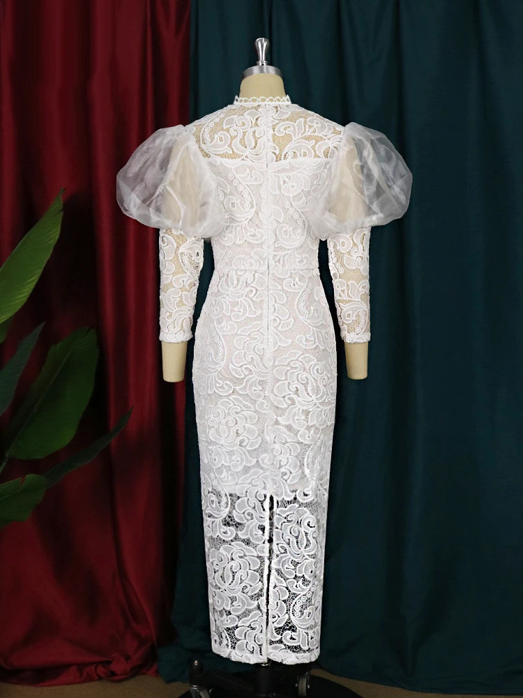 AOMEI Lace Dress Bodycon Women Midi Puffy Long Sleeve Retro Elegant Summer Party Birthday Wedding Bridesmaid Outfits Event Gown 240313