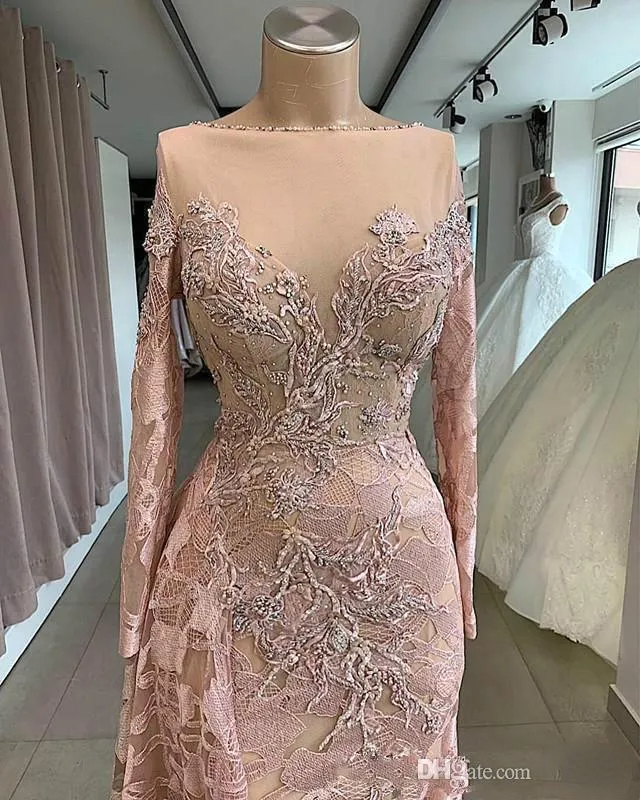 Dusty Pink Mermaid Prom Dresses Vintage Sleeve Lace Appliques Beads Long Evening Gowns Formal Ocn Vestidos BC