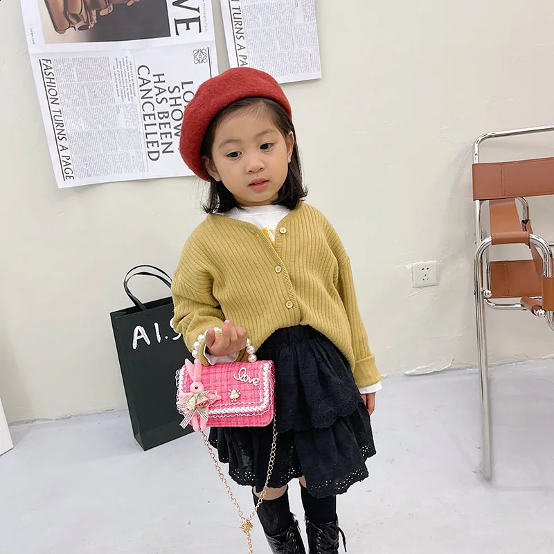 Fashion Pearl Chains Children Shoulder Messenger Bag Cartoon Plush Rabbit Cute Girls Handbag Small Square Baby Kids Coin Purse 240314