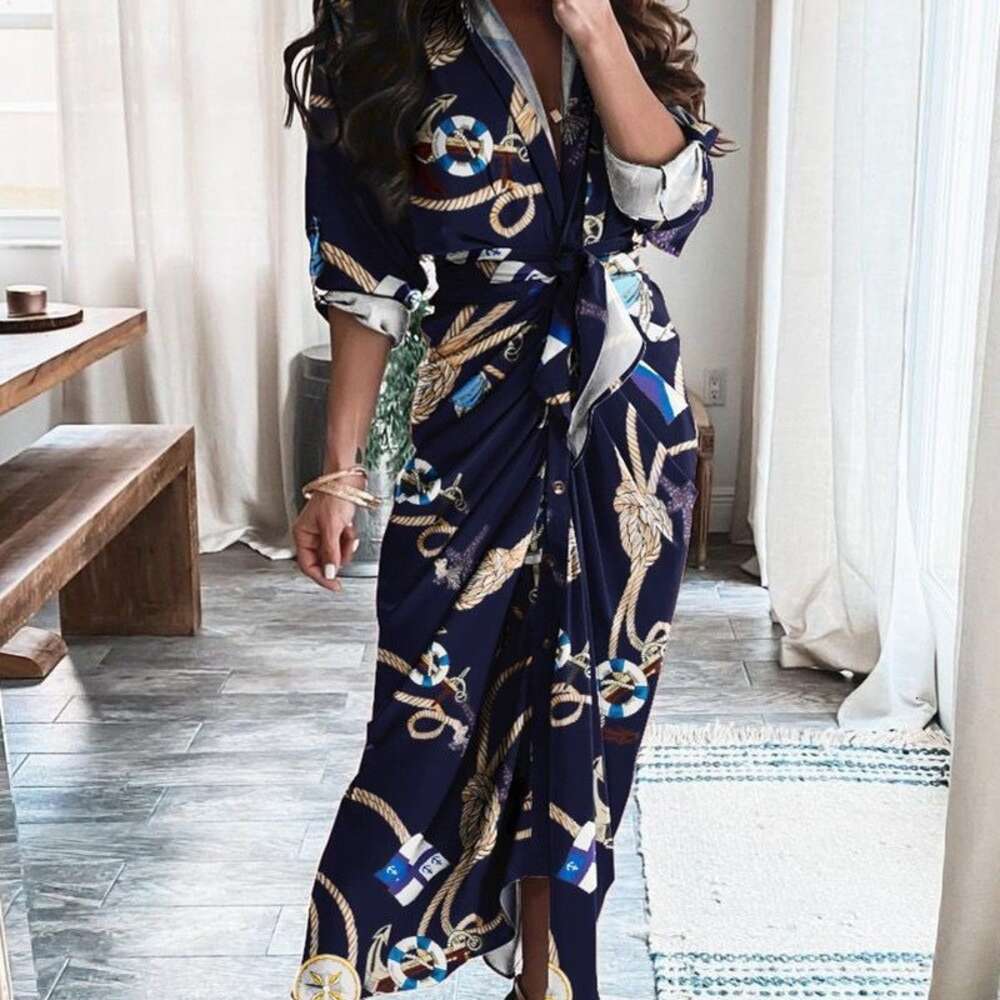 2024 New V-neck Button Fashion Print Lace Up Sleeves Sexy Dress