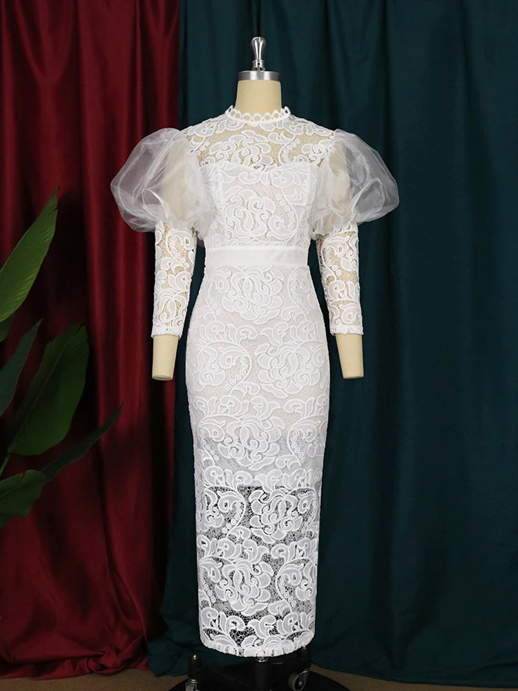 AOMEI Lace Dress Bodycon Women Midi Puffy Long Sleeve Retro Elegant Summer Party Birthday Wedding Bridesmaid Outfits Event Gown 240313