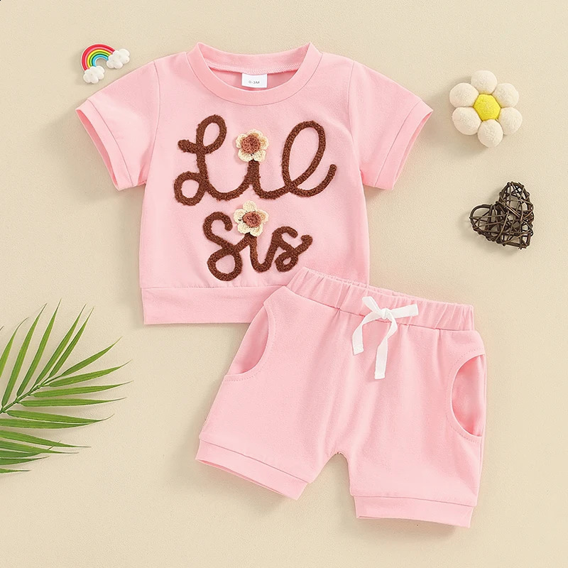 Pudcoco Girls Summer 2PCS Shorts Sets Short Sleeve Letter Flower Embroidery Tops Solid Color Sister Matching Outfits 240313