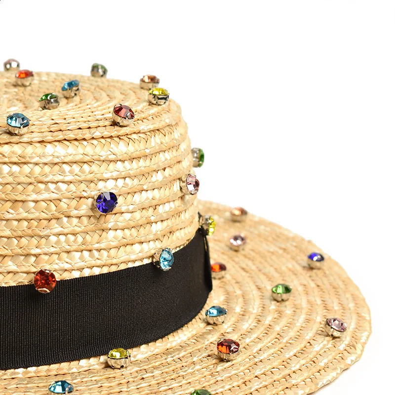 Natural wheat straw handmade diamond sewing decoration jazz hat outdoor travel beach 240311