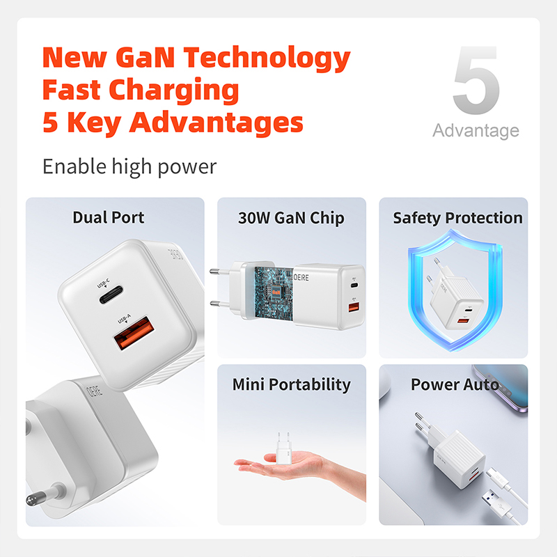 QERE 30W PD GaN Phone Universal Adapters EU Plug Safe Type C USB Intelligent Fast Charging Mini Portable Fast Charger