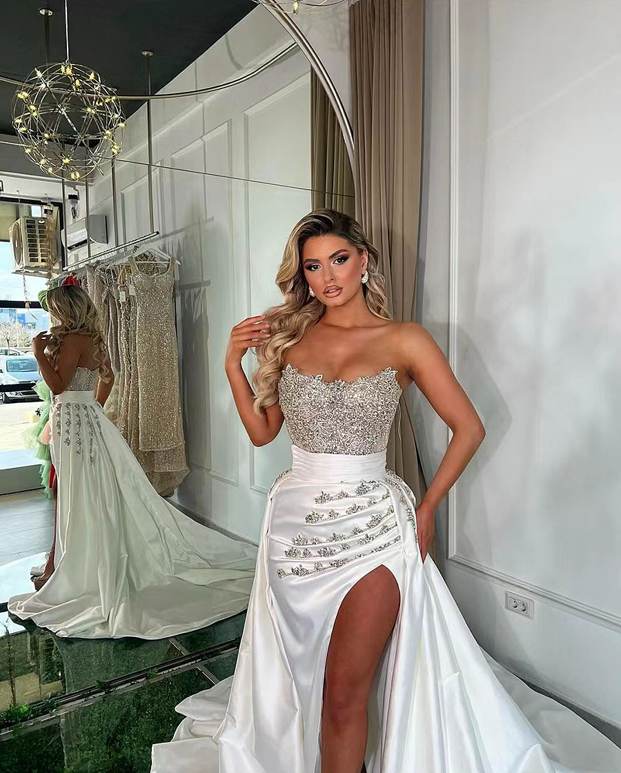 Elegant White New Split Side Mermaid Wedding Dresses Arabic Dubai Strapless Beading Engagement Bridal Gowns Vestidos De Novia Lz0304