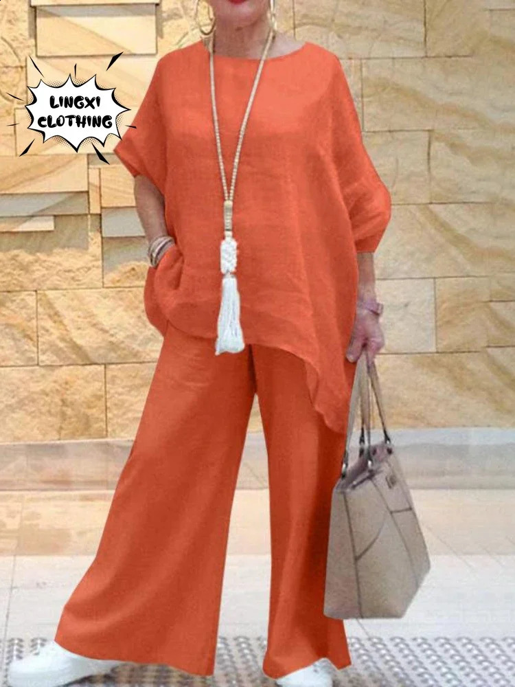 2024 Summer Fashion Cotton Linen Womens Set Large Irregular Shirt High Waist Loose Wide Leg Pants Elegant Two Piece 240315