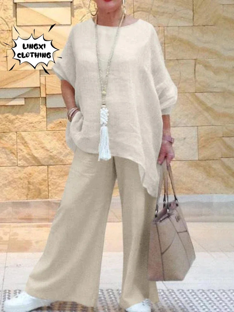 2024 Summer Fashion Cotton Linen Womens Set Large Irregular Shirt High Waist Loose Wide Leg Pants Elegant Two Piece 240315