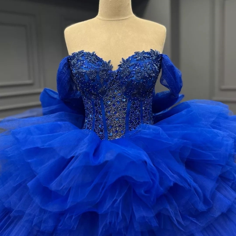 Royal Blue Quinceanera Dresses Off The Shoulder Lace Beads Tull Tiered Sweet 16 Dress Birthday Party Gown Vestido De vx 15 Anos