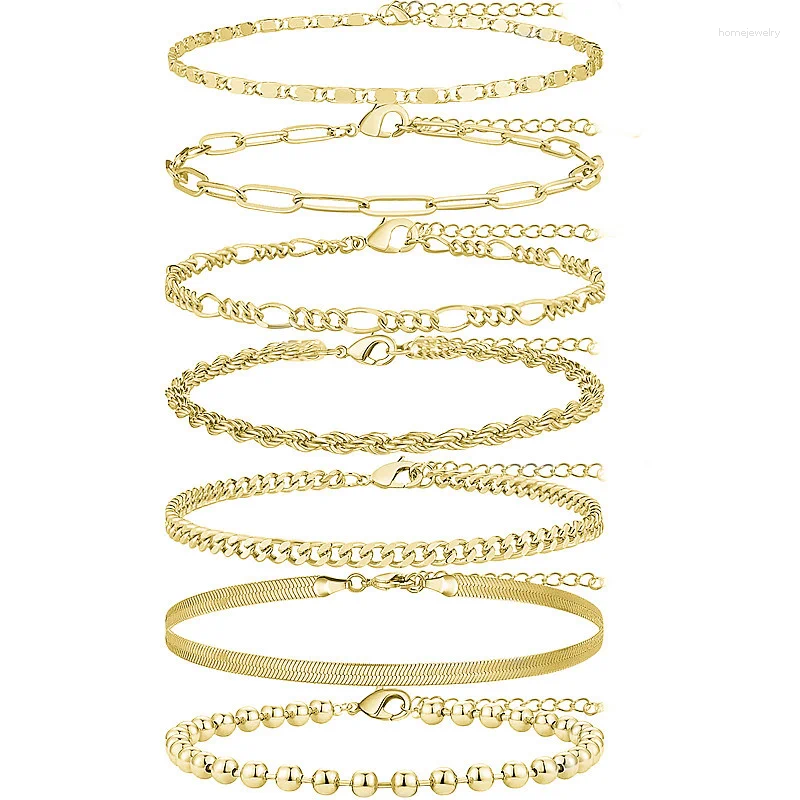 new Anklets 5Pcs/7pcs Waterproof 14K Gold Plated Anklet Cuban Link Figaro Paperclip Rope Herringbone Chain Set Gift For Women Girls