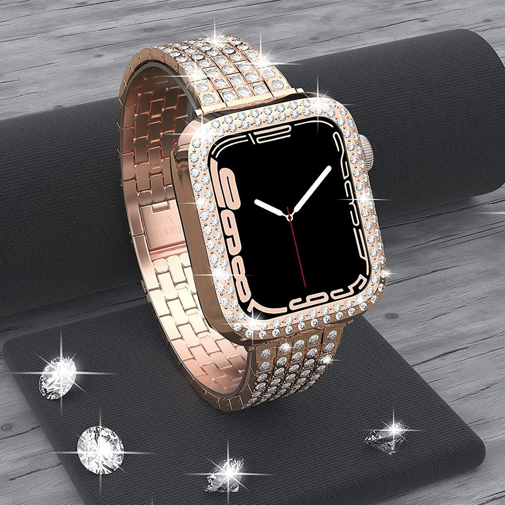 Womens Diamond Case Strap for Watch Band 7 6 41mm 45mm 38/42/40/44mm Metal Bracelet for iWatch Series SE 3 Jewelry Cover 240311