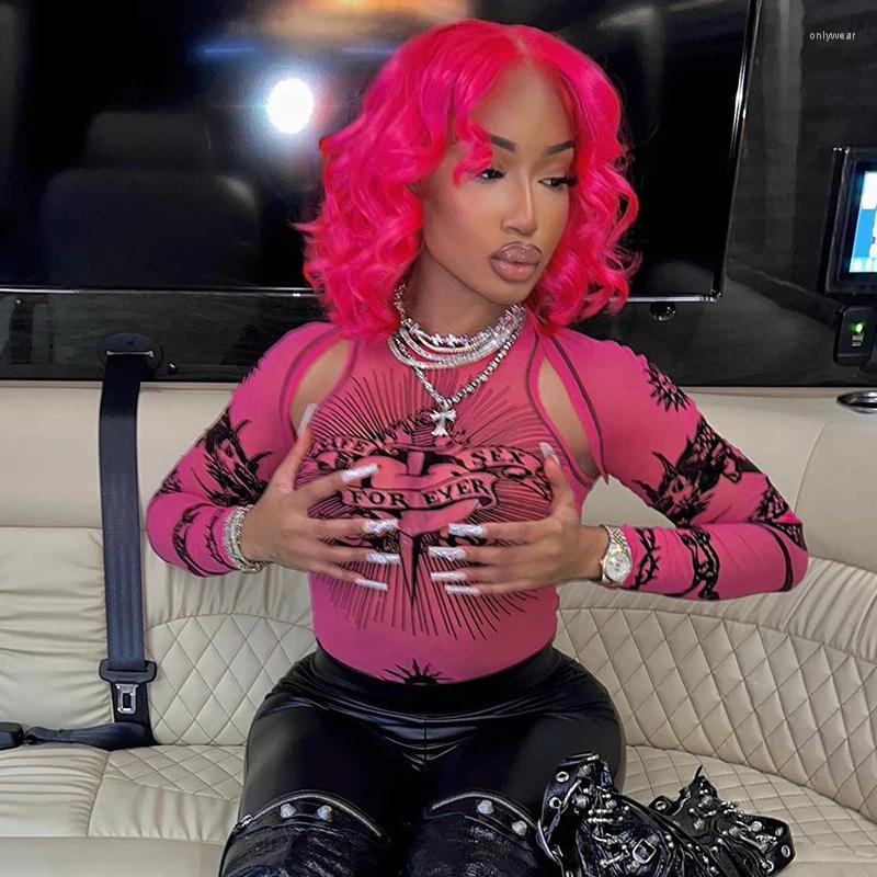 Women's T Shirts Mesh Sheer Cut Out Long Sleeve Tops For Women Graphic Seethrough One Piece