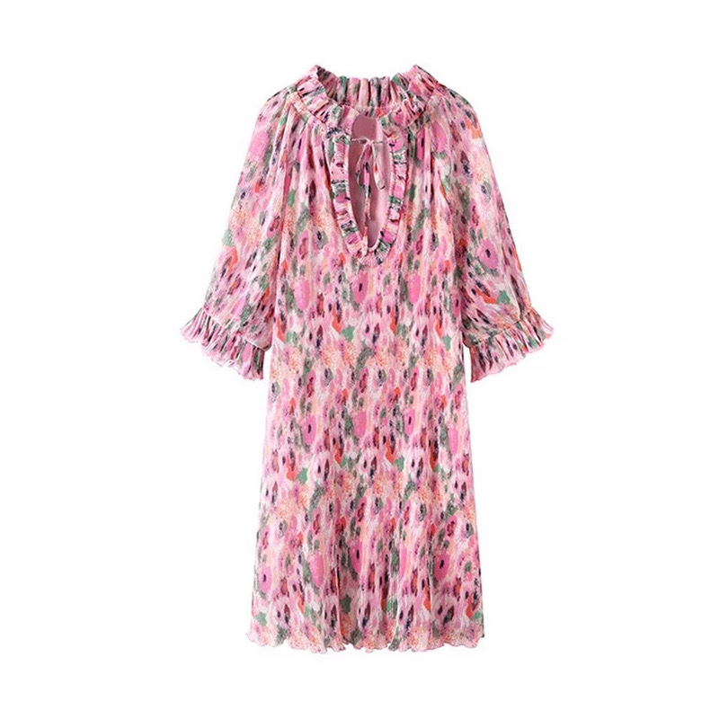 24 New Sweet Gan Pink Flower Print Ruffle Edge Fragmented Flower 3/4 Sleeve Loose fitting Dress