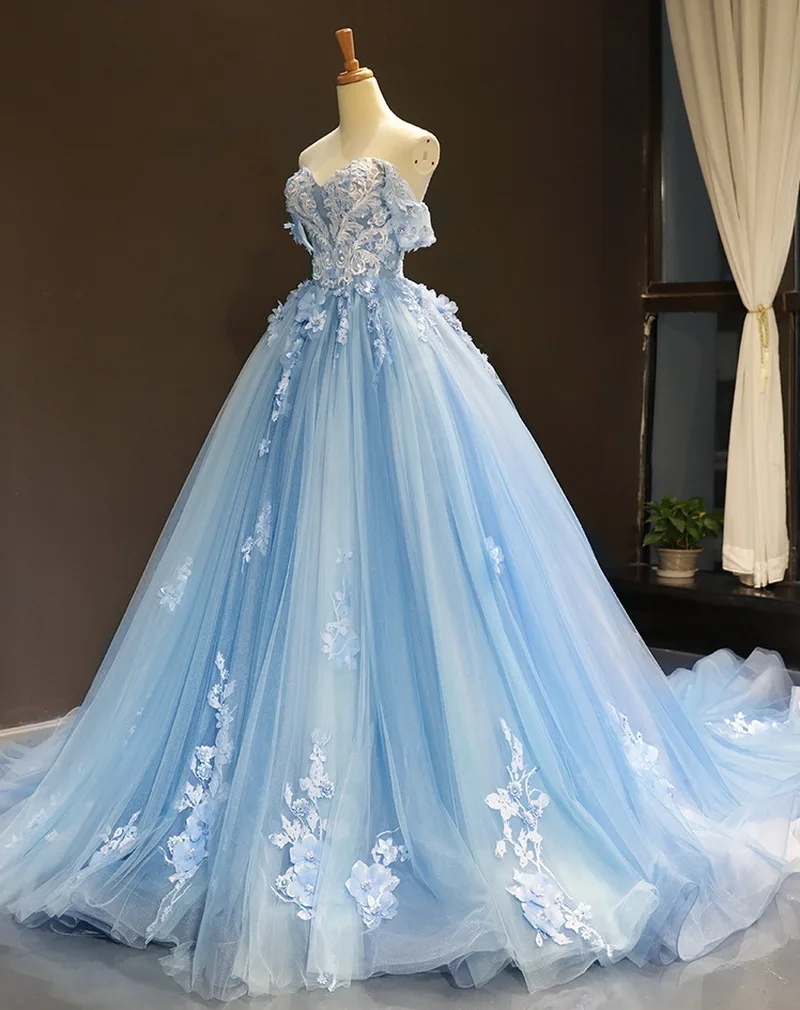Sky Blue Quinceanera Dress Off The Shoulder Princess Prom Birthday Dresses Lace Appliques Ball Gown With Small Train Vestidos De 15Sweet 16