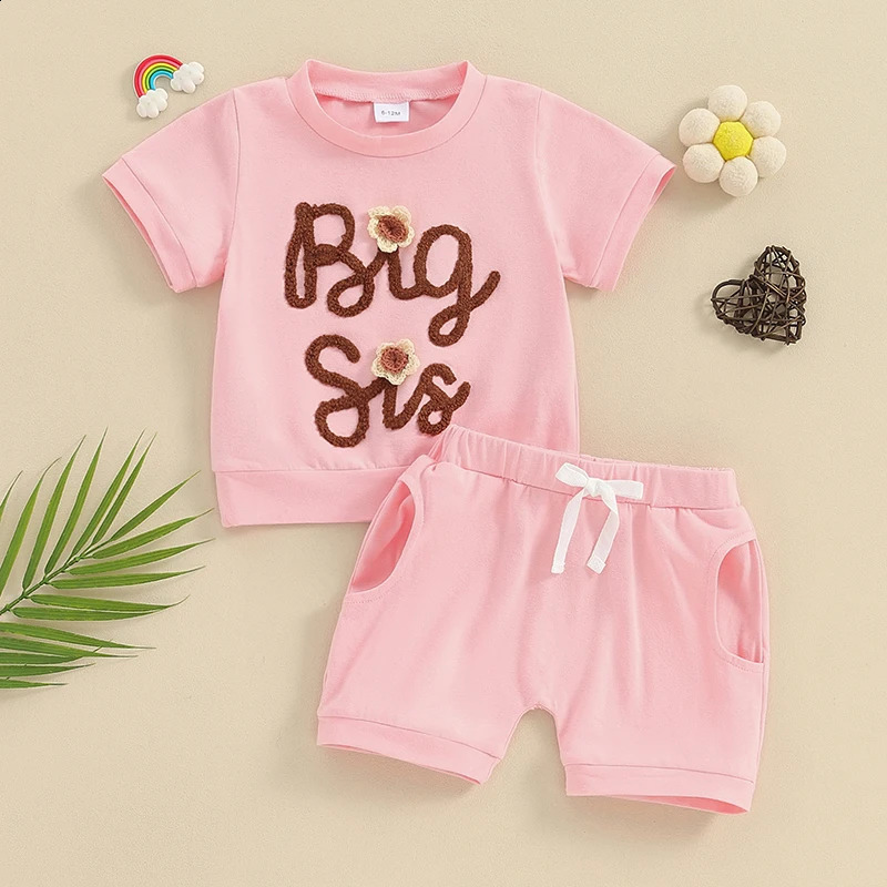 Pudcoco Girls Summer 2PCS Shorts Sets Short Sleeve Letter Flower Embroidery Tops Solid Color Sister Matching Outfits 240313