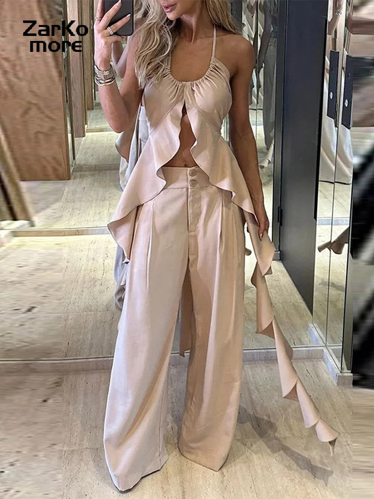 Camisole Ruffle Womens 2 Piece Set Sleeveless Backless LaceUp Top WideLeg Pants 2024 Spring Summer Fashion Lady Suit 240315