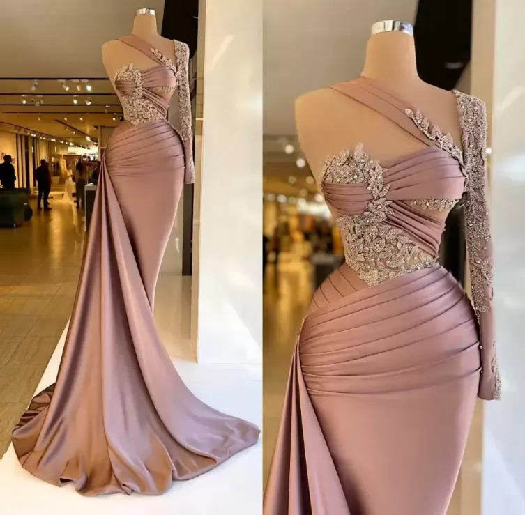 Gorgeous One Shoulder Satin Mermaid Dresses Long Sleeve Appliques Beaded Ruched Women Evening Pageant Prom Gowns Custom Made Bc14119 6660305