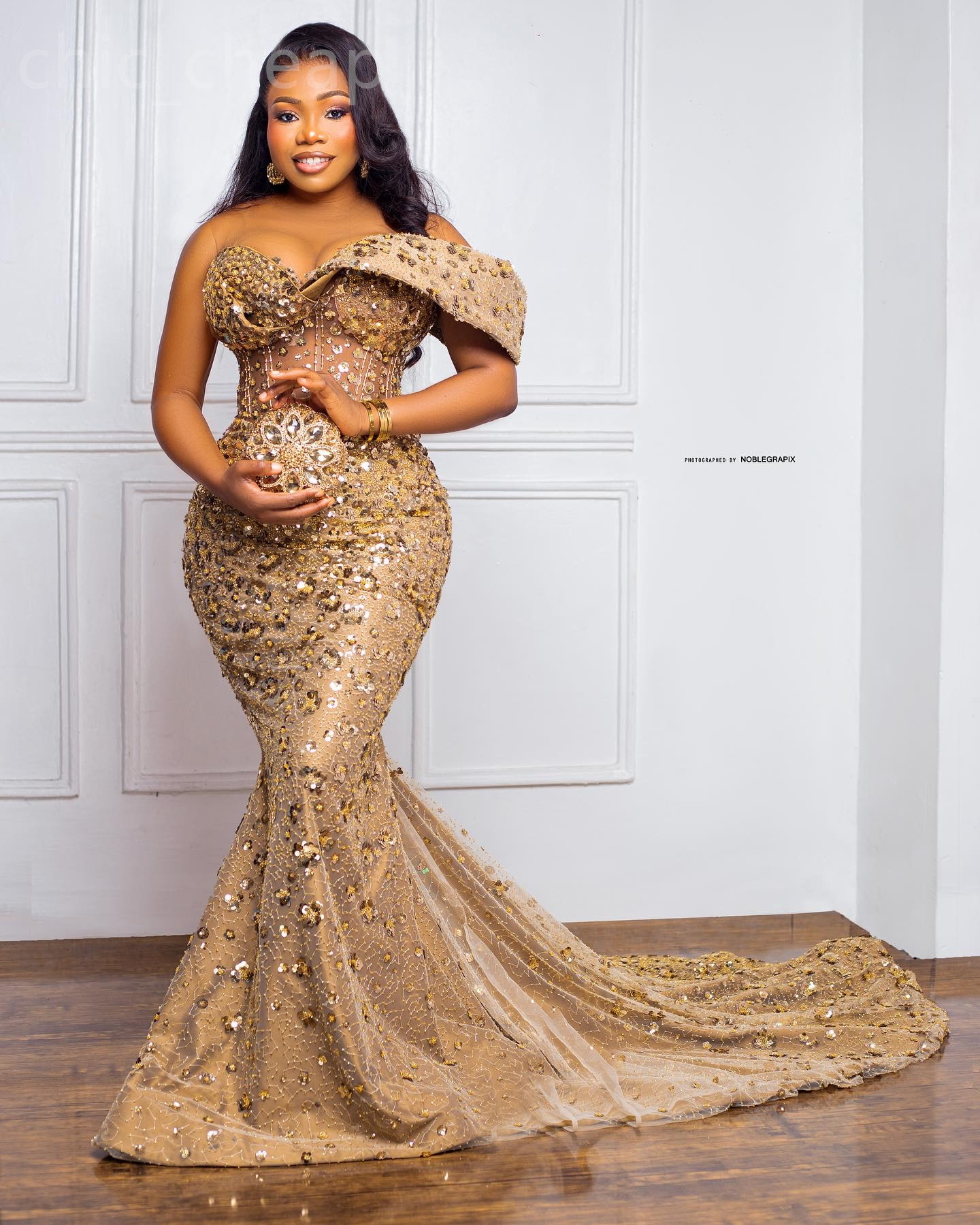 2024 Aso Ebi Gold Mermaid Prom Dress Sheer Neck Sequined Evening Formal Party Second Reception 50th Birthday Engagement Gowns Dresses Robe De Soiree Z