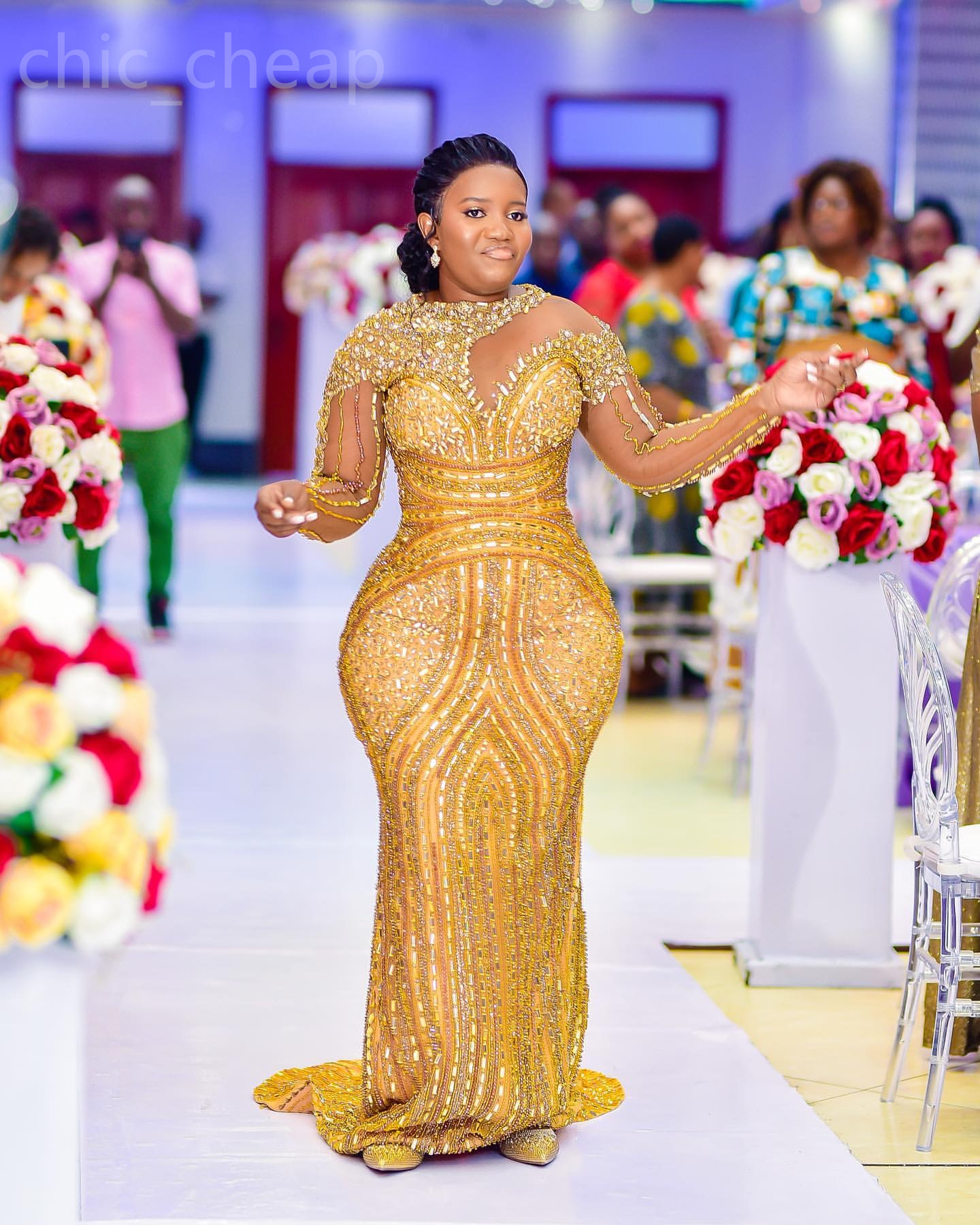 2024 Aso Ebi Gold Mermaid Prom Dress Luxurious Beaded Crystals Evening Formal Party Second Reception 50th Birthday Engagement Gowns Dresses Robe De So