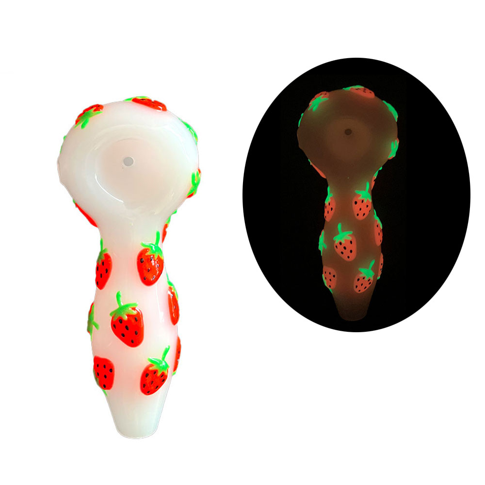 1pc,4in Colorful Hand Drawn Glass Water Pipe,Cute Strawberry Pattern With Glow In Dark,White Jade Pipe,Borosilicate Glass Bong,Glass Hookah,Smoking Ac