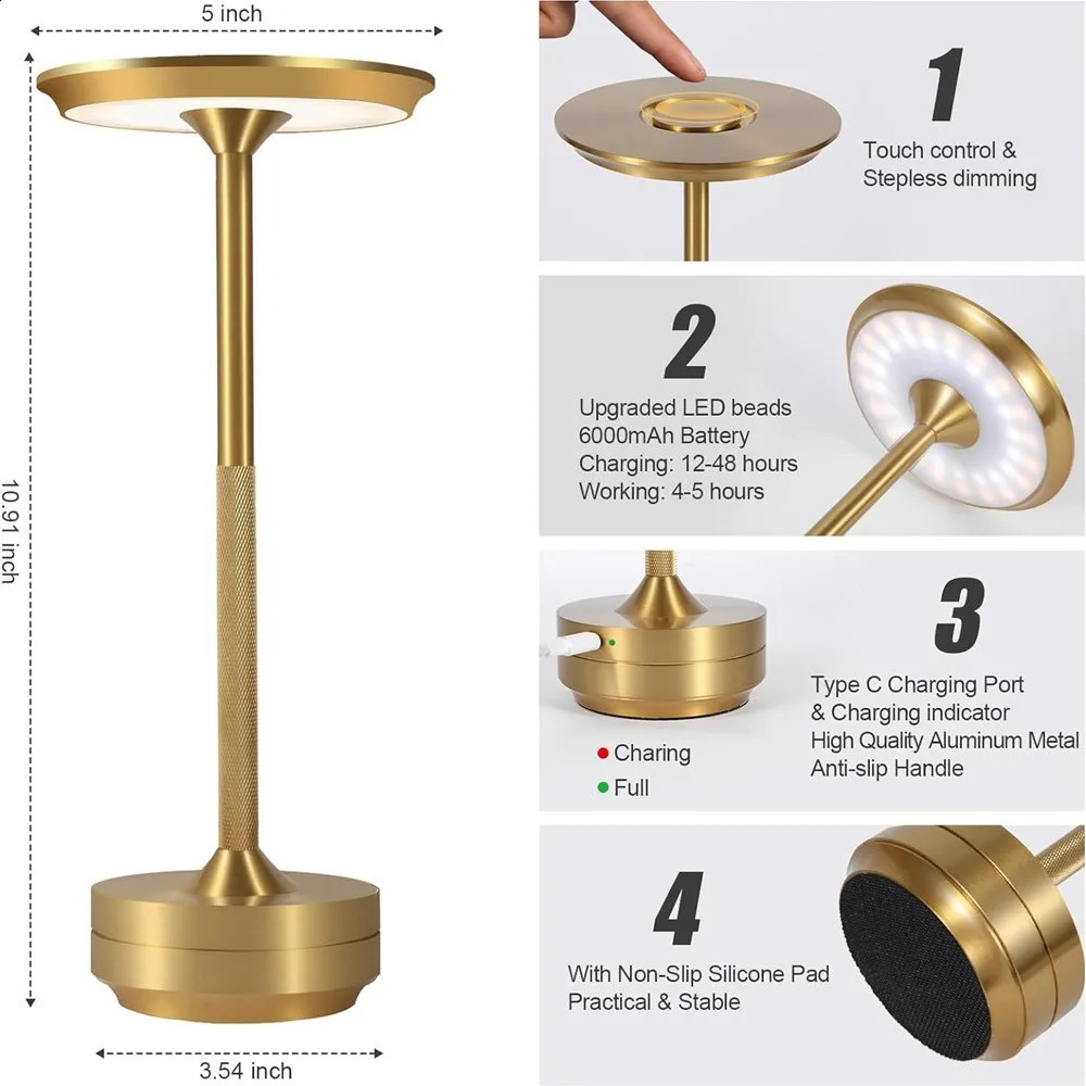LED Aluminum Alloy Waterproof Rechargeable Desk Lamp Touch Dimming Metal Table Lamps For Bar Living Room Reading Camping Lights 240304