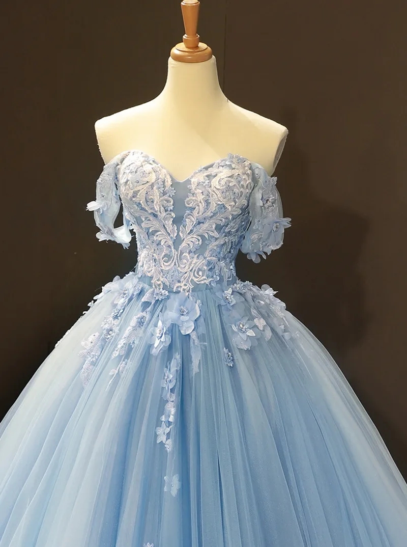 Sky Blue Quinceanera Dress Off The Shoulder Princess Prom Birthday Dresses Lace Appliques Ball Gown With Small Train Vestidos De 15Sweet 16