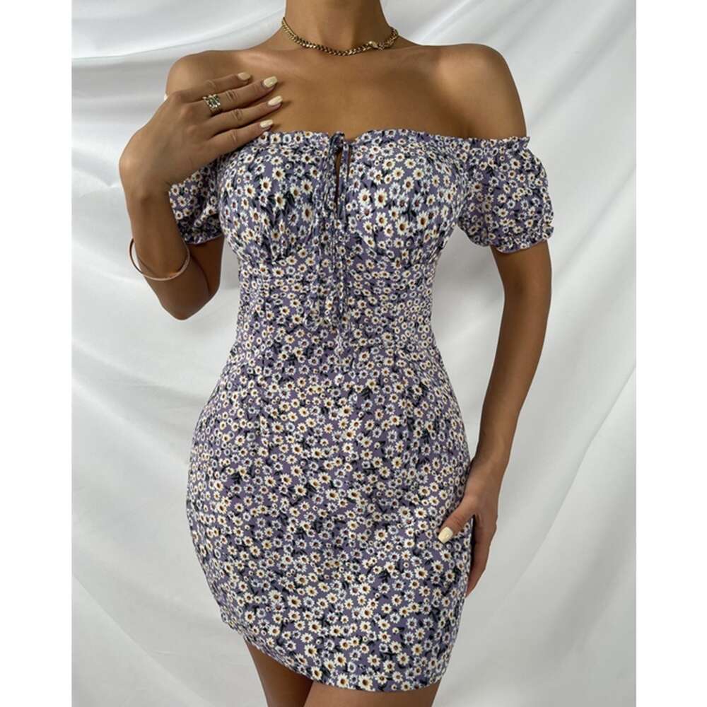 New Print Style Commuting Slimming Short Skirt with Floral Daisy Suspender Dress for Women 9161