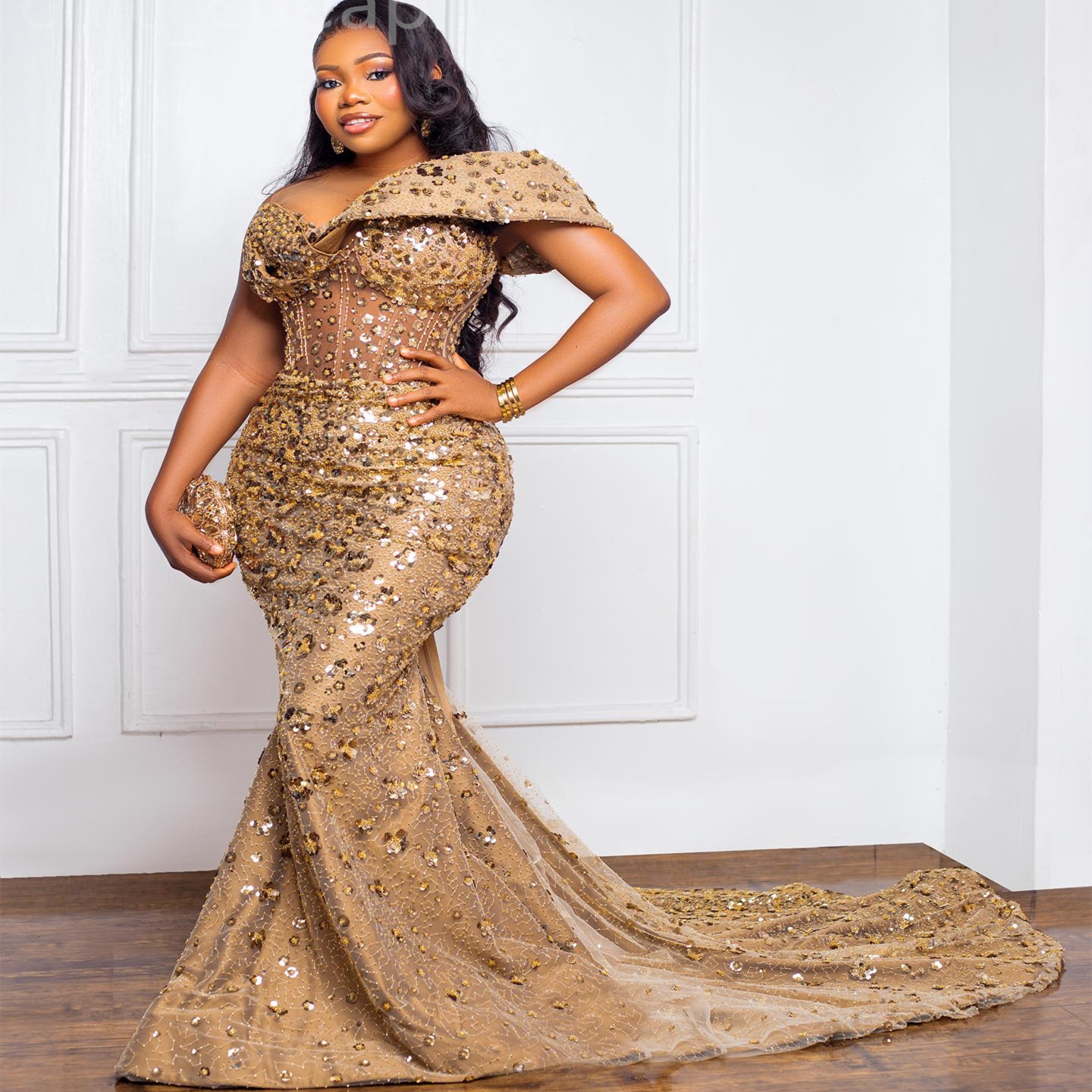2024 Aso Ebi Gold Mermaid Prom Dress Sheer Neck Sequined Evening Formal Party Second Reception 50th Birthday Engagement Gowns Dresses Robe De Soiree Z