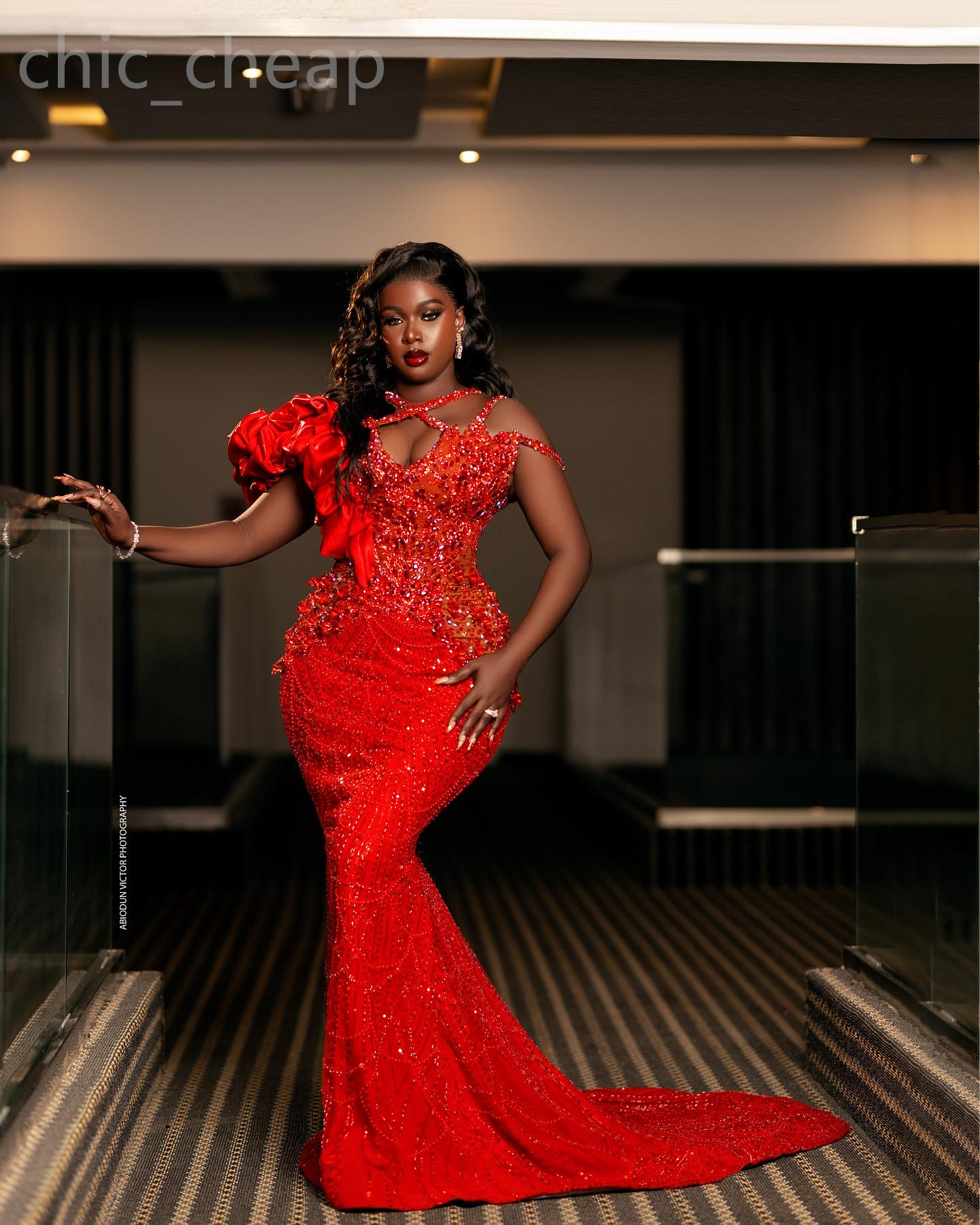 2024 Aso Ebi Red Mermaid Prom Dress Crystals Beaded Sequined Evening Formal Party Second Reception 50th Birthday Engagement Gowns Dresses Robe De Soir