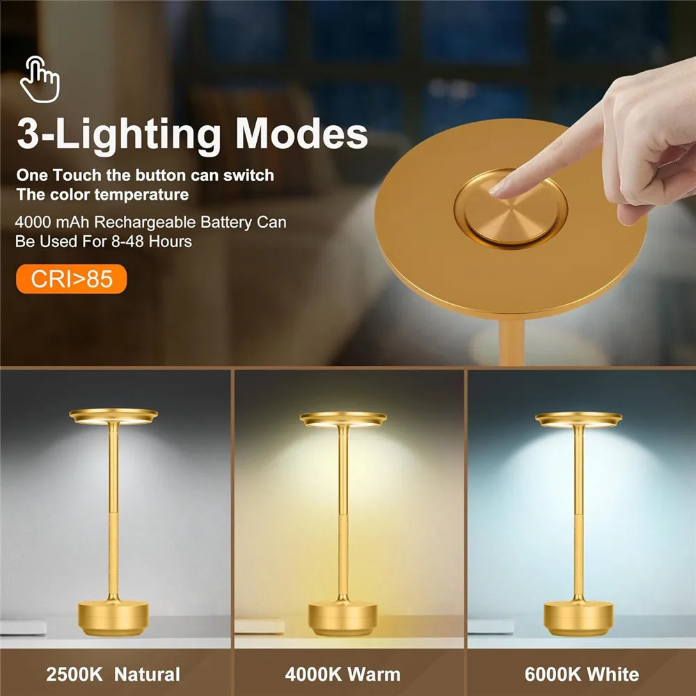LED Aluminum Alloy Waterproof Rechargeable Desk Lamp Touch Dimming Metal Table Lamps For Bar Living Room Reading Camping Lights 240304