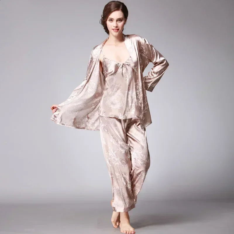 Chinese Dragon Printing Womens Pajamas Soft Exquisite Night-robe Loose Gorgeous Sleepwear Cloak Sexy Homewear Three-piece set 240309