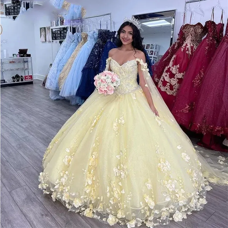 Daffodil Quinceanera Dresses 3D Ral With Cape Off Shoulder Sweet 15 Gowns Beads Princess Vestidos 16 Anos For Special Ocns 6660305