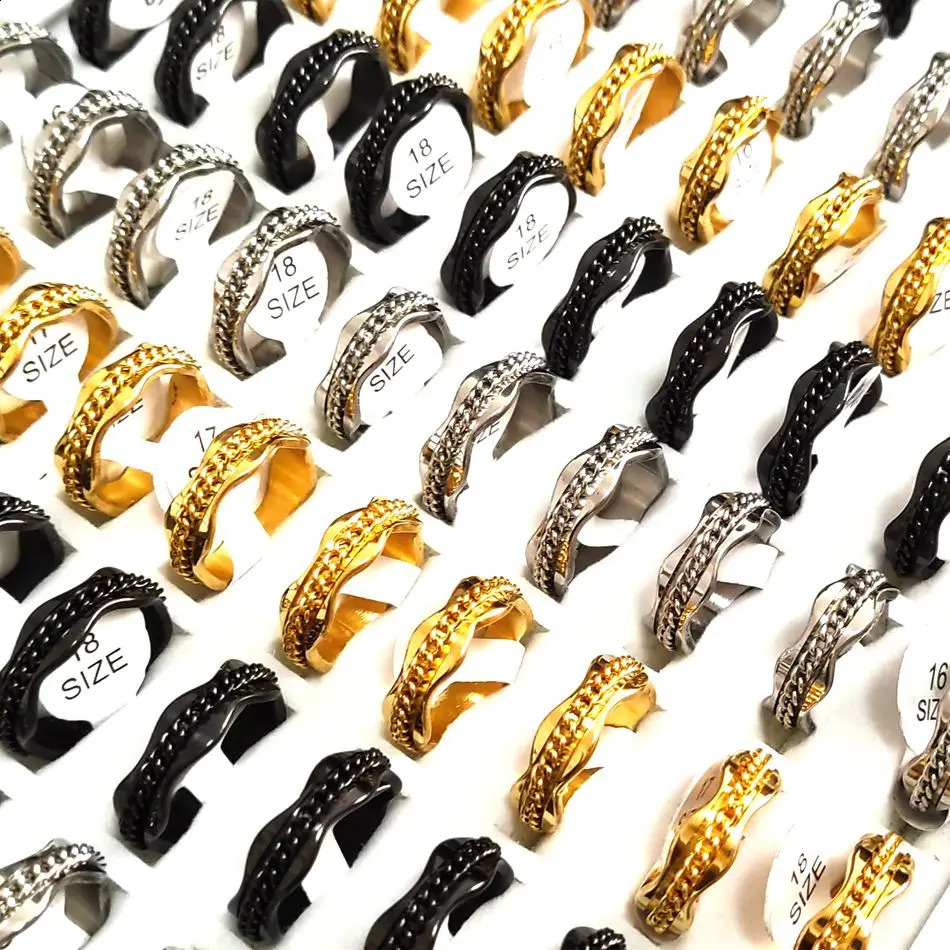 36pcs/lot Creative Wave Shape Rotating Chain Ring Color Mix Stainless Steel Fashion Spinner Ring Sizes Assorted Unisex 240313