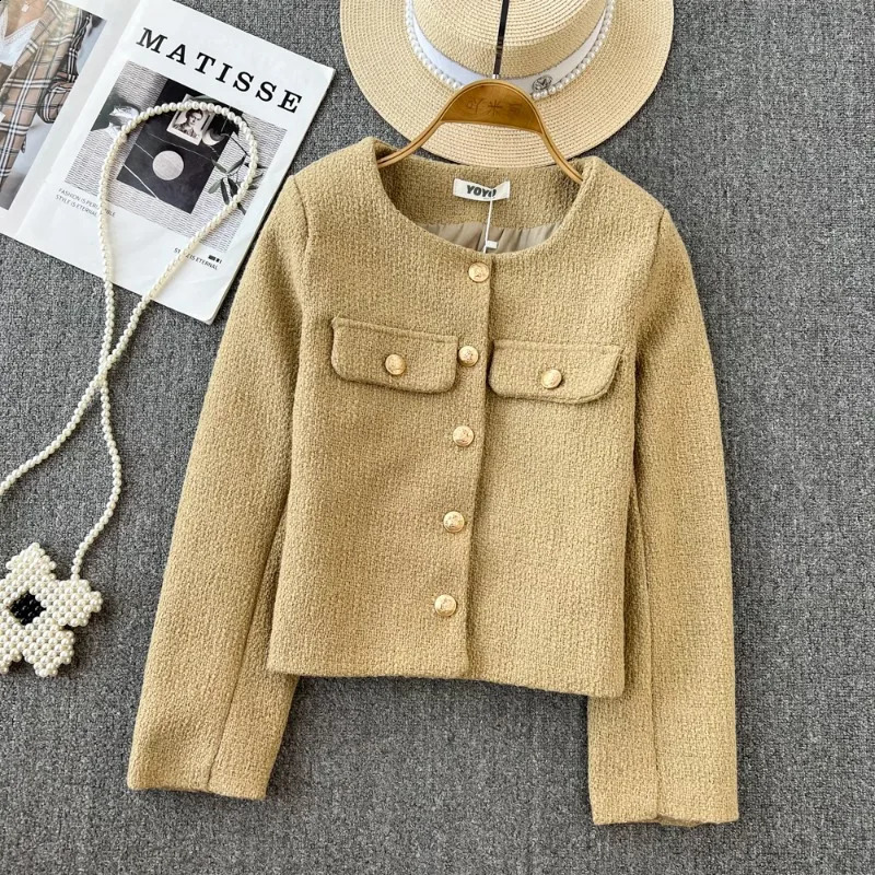 Autumn Winter French Woolen Tweed Short Jacket Womens Chic Golden Buttons Long Sleeve Coat Female Single Breasted Top Outwear 240307