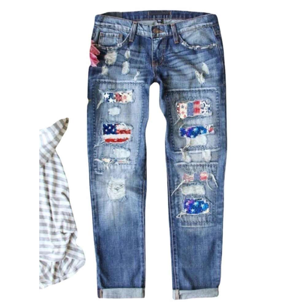 2024 New Summer Street Trendsetter American Independence Day Flag Denim Ripped Pants
