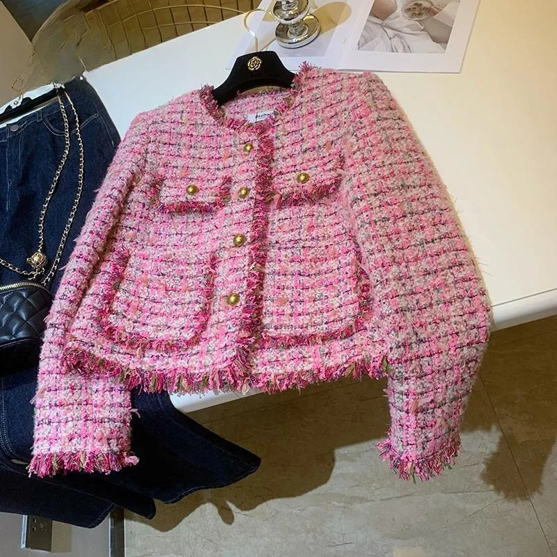 Autumn Winter Women French Casual Single Breasted Coats Female Oneck Tweed Jackets Ladies Loose Warm Overcoats R664 240307