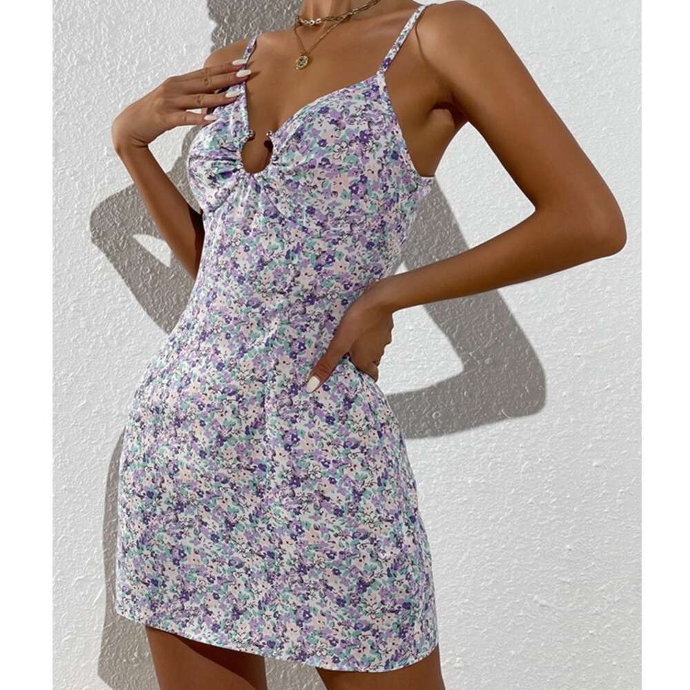 Summer Camisole Wrapped Chest, Backless Slim Fit, Commuting Floral Dress for Women 9208