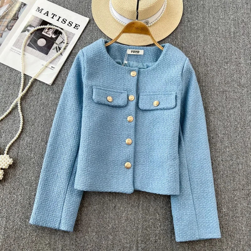 Autumn Winter French Woolen Tweed Short Jacket Womens Chic Golden Buttons Long Sleeve Coat Female Single Breasted Top Outwear 240307