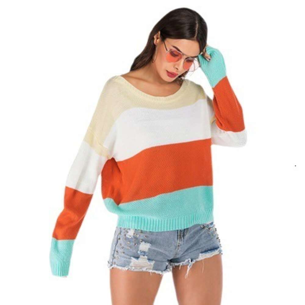 Bat Sleeved Contrasting for Women , Loose and Slim Round Neck Versatile Knit Sweater