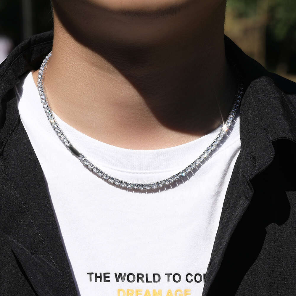 4mm Hip Hop Mens Black Tennis Ball Link Chain Necklace Choker With Spring Buckle 14k Gold Set Cubic Zirconia Diamond Simple Personalized Outfit Chains