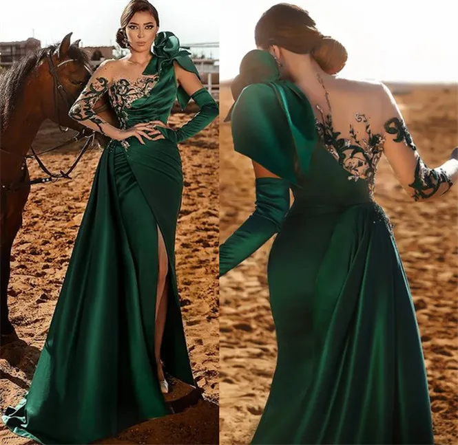 Elegant Arabic Dark Green Long Cloumn Evening Dresses Front Split Satin Sexy Prom Dress Lace Appliques Long Sleeve Chic Special Occasion Gown For Wome