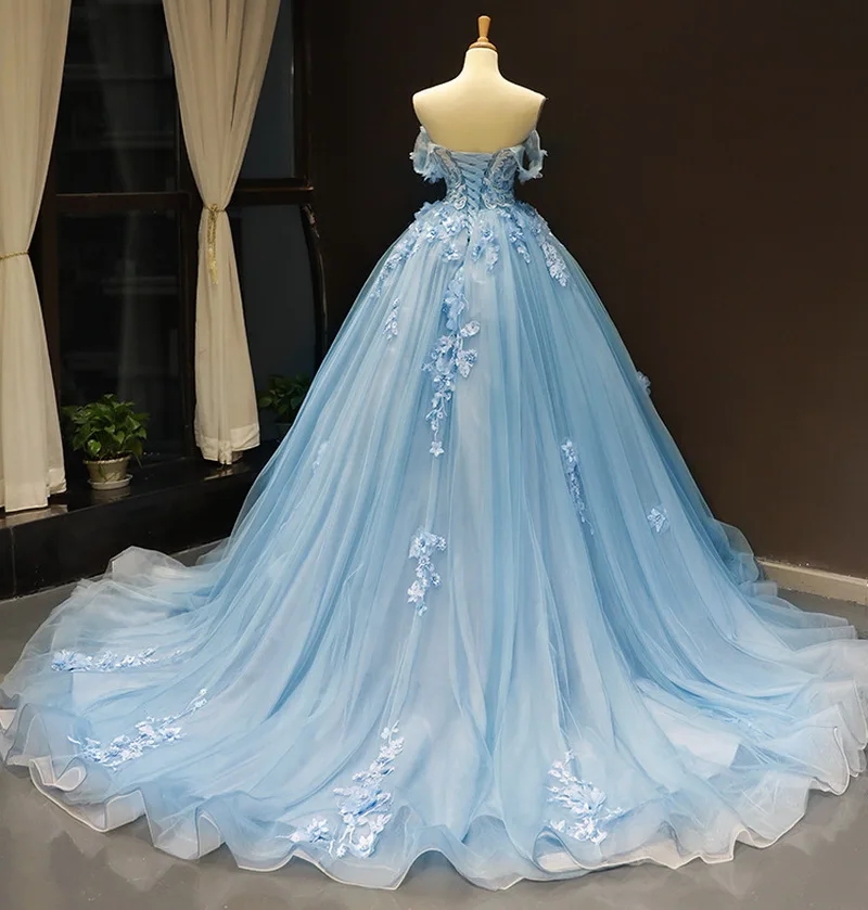 Sky Blue Quinceanera Dress Off The Shoulder Princess Prom Birthday Dresses Lace Appliques Ball Gown With Small Train Vestidos De 15Sweet 16
